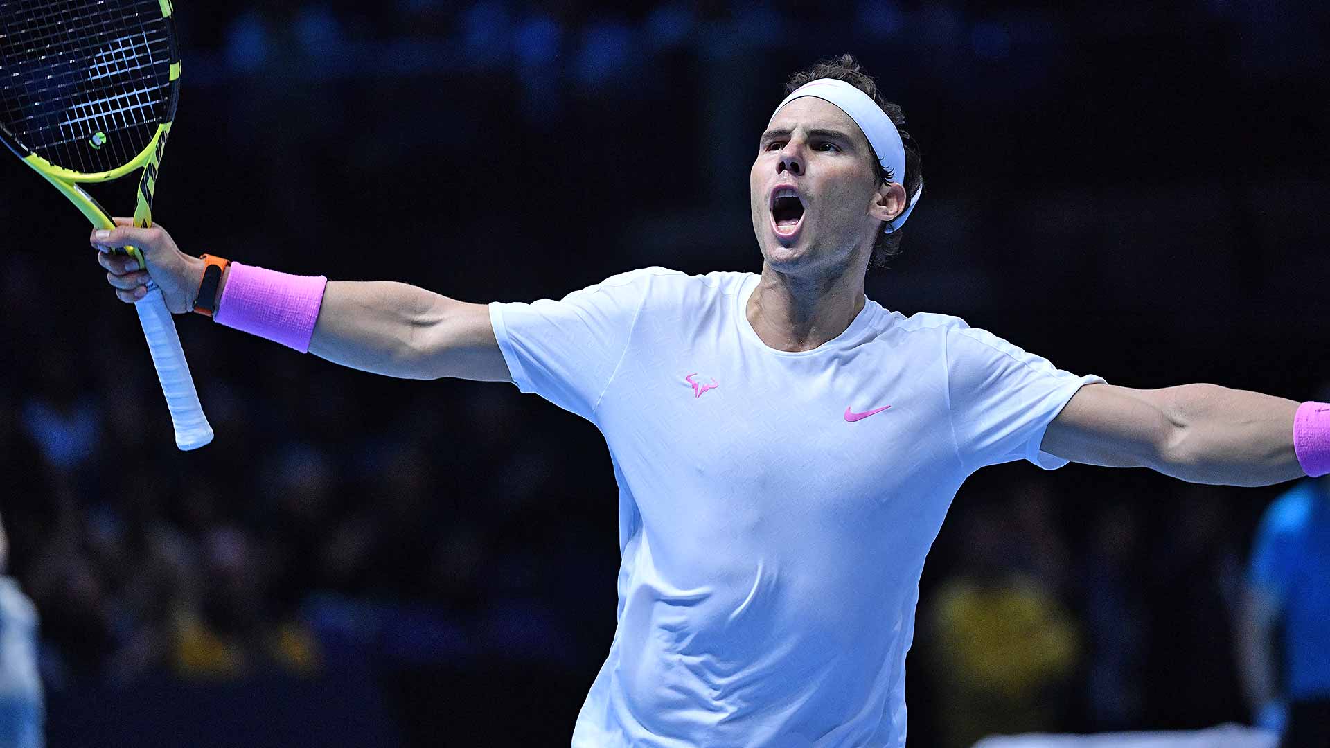 Rafael Nadal celebrates his comeback win over Stefanos Tsitsipas.