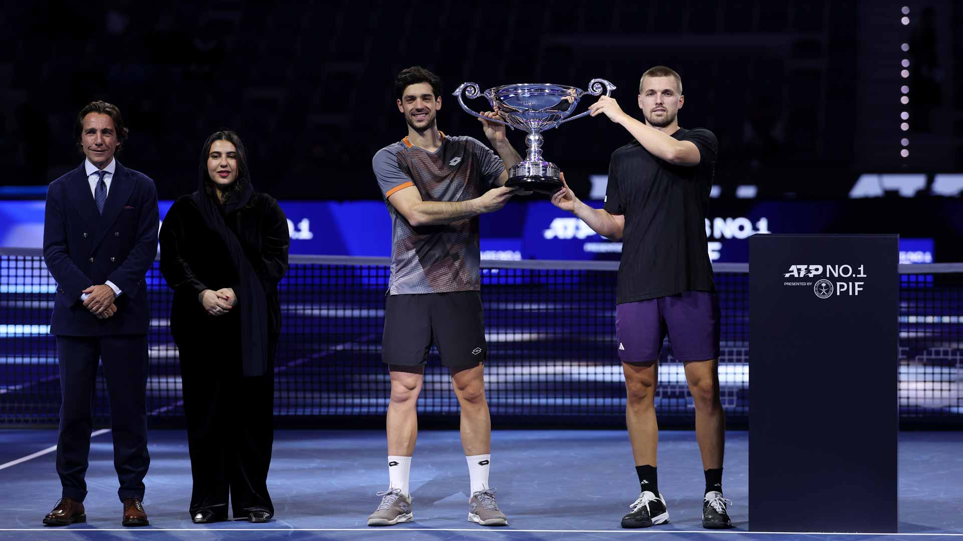 Eno Polo, ATP CEO, Nouf Albahli, Global Sports Partnerships, PIF, Julian Cash and Lloyd Glasspool.