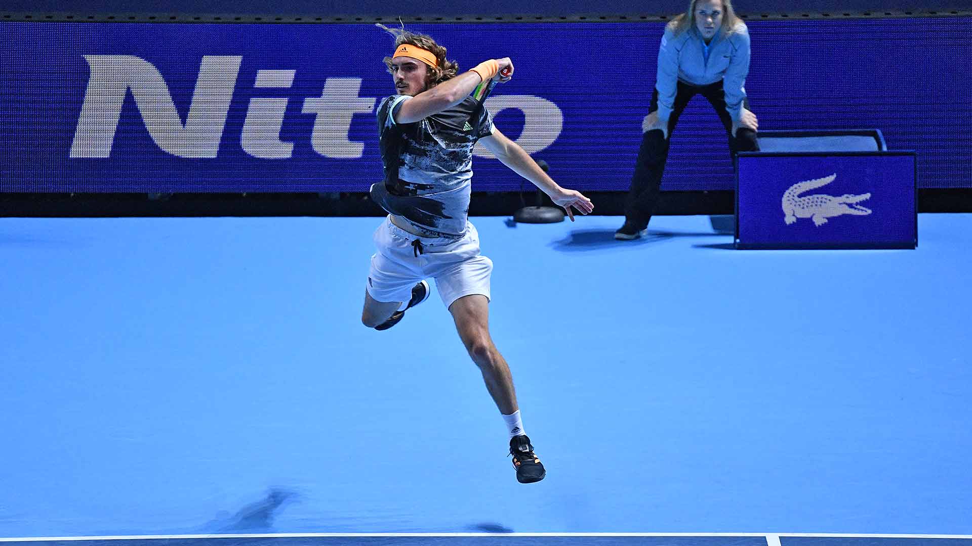 Stefanos Tsitsipas saves all seven break points in the opening set against Roger Federer.